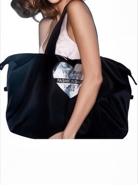 Victoria’s Secret 14” Runway Travel Duffle Bag Black  Silver Metallic Heart Logo
